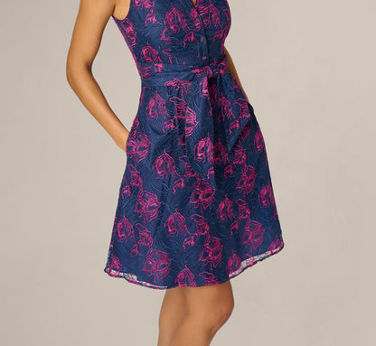 Floral Embroidered Tie Front Short Dress - Navy Pink Multi | Adrianna Papell