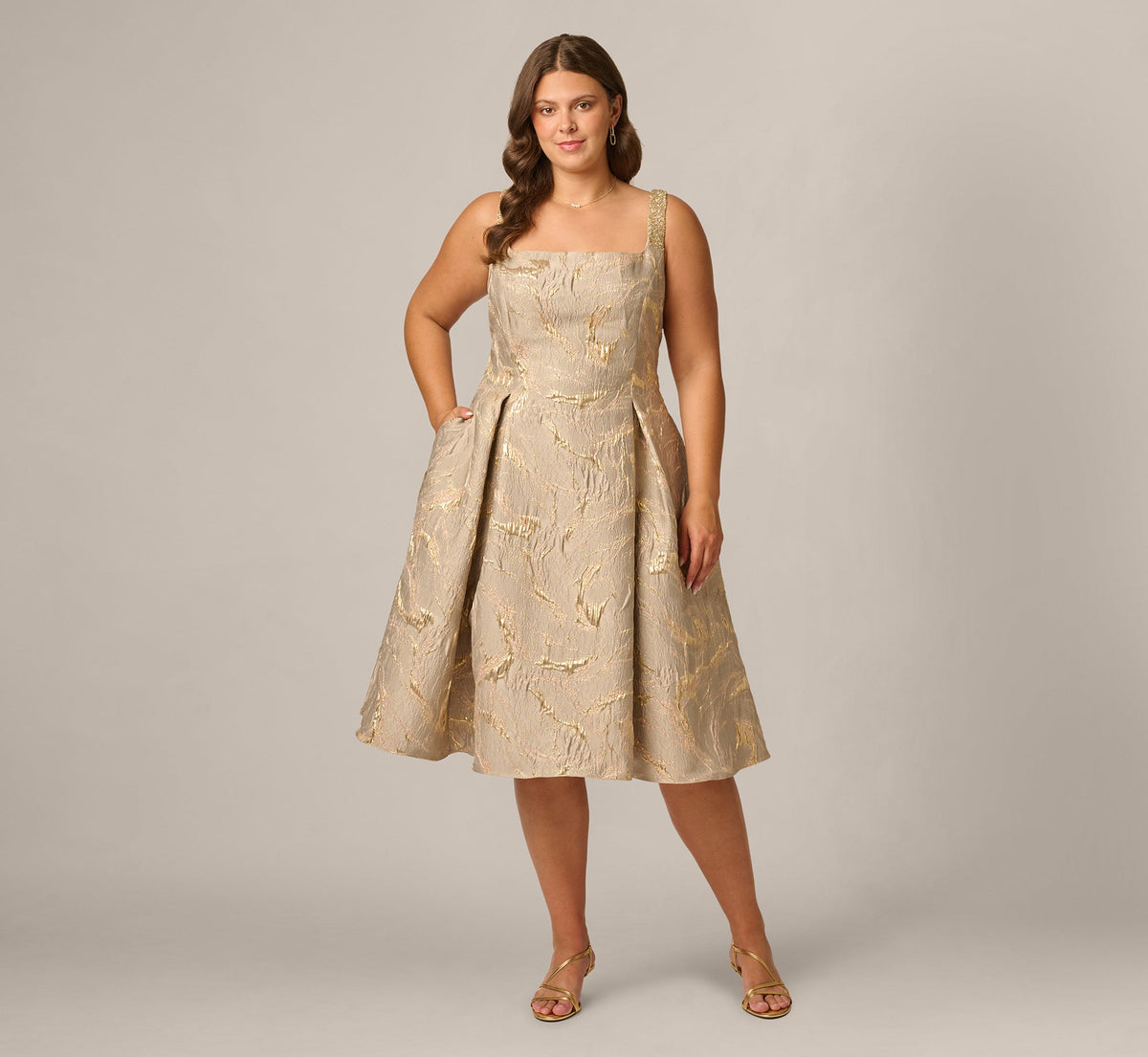 Plus Size Beaded Square Neck Metallic Fit And Flare Midi Dress - Mink | Adrianna Papell