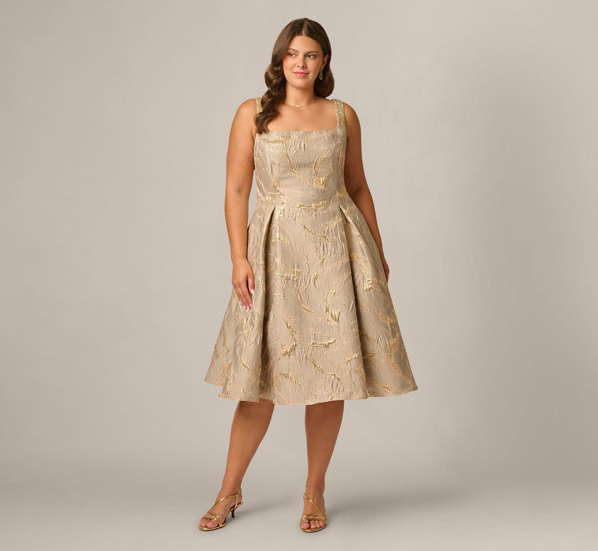 Plus Size Beaded Square Neck Metallic Fit And Flare Midi Dress - Mink | Adrianna Papell