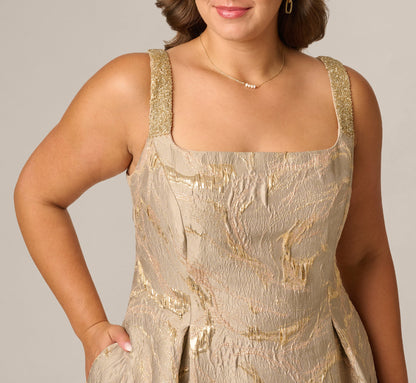 Plus Size Beaded Square Neck Metallic Fit And Flare Midi Dress - Mink | Adrianna Papell