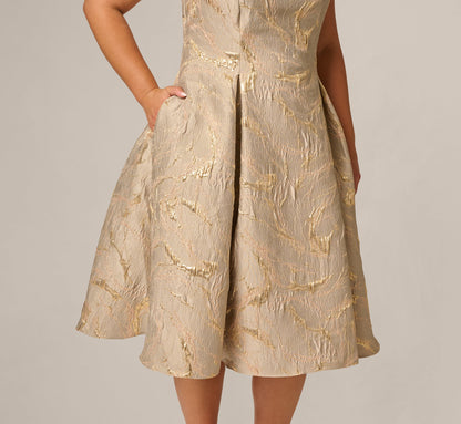Plus Size Beaded Square Neck Metallic Fit And Flare Midi Dress - Mink | Adrianna Papell
