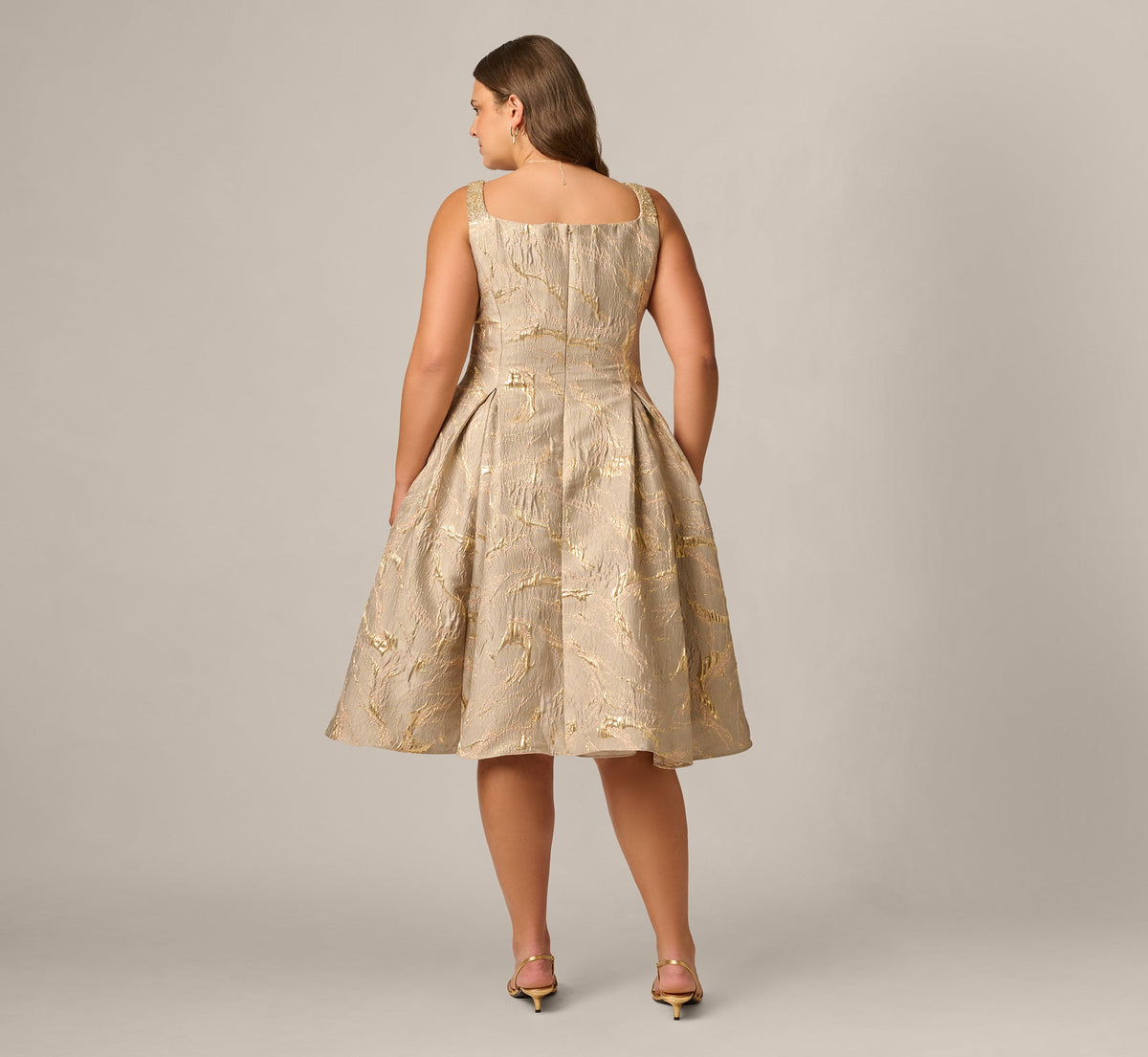 Plus Size Beaded Square Neck Metallic Fit And Flare Midi Dress - Mink | Adrianna Papell