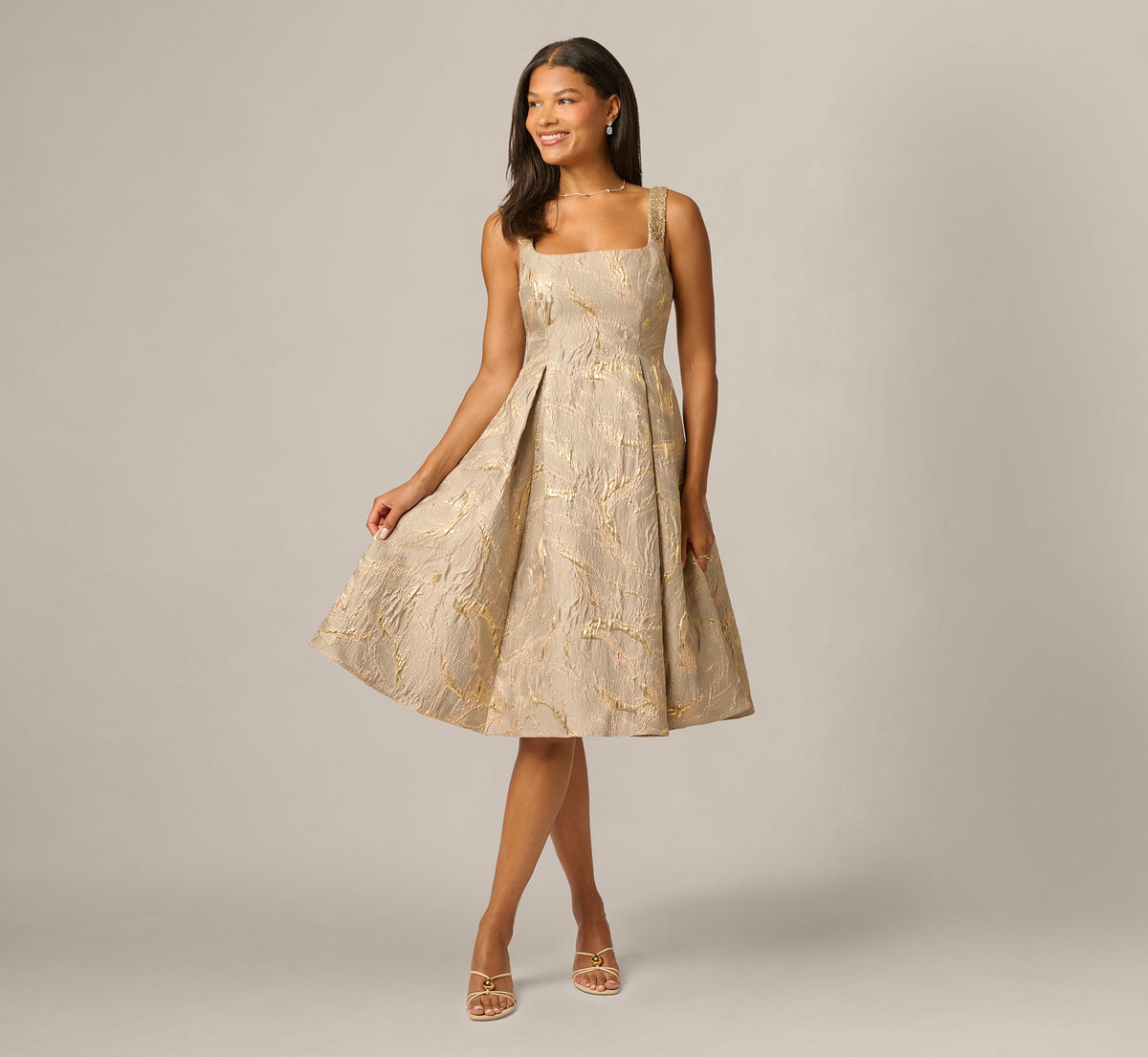 Beaded Square Neck Metallic Fit And Flare Midi Dress - Mink | Adrianna Papell