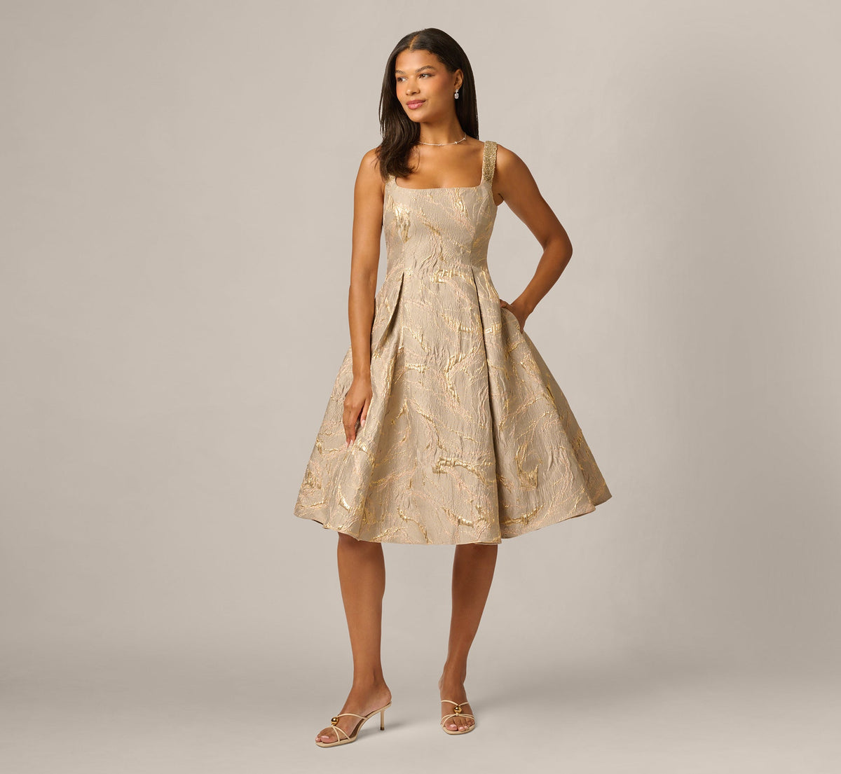 Beaded Square Neck Metallic Fit And Flare Midi Dress - Mink | Adrianna Papell