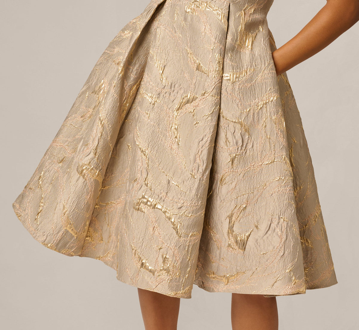 Beaded Square Neck Metallic Fit And Flare Midi Dress - Mink | Adrianna Papell
