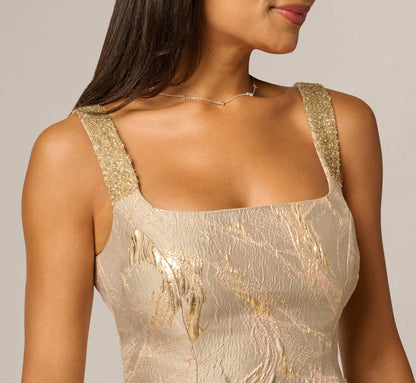 Beaded Square Neck Metallic Fit And Flare Midi Dress - Mink | Adrianna Papell