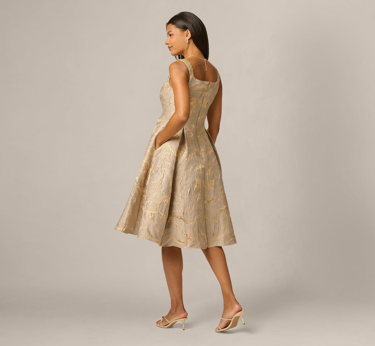 Beaded Square Neck Metallic Fit And Flare Midi Dress - Mink | Adrianna Papell