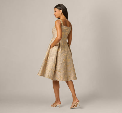 Beaded Square Neck Metallic Fit And Flare Midi Dress - Mink | Adrianna Papell