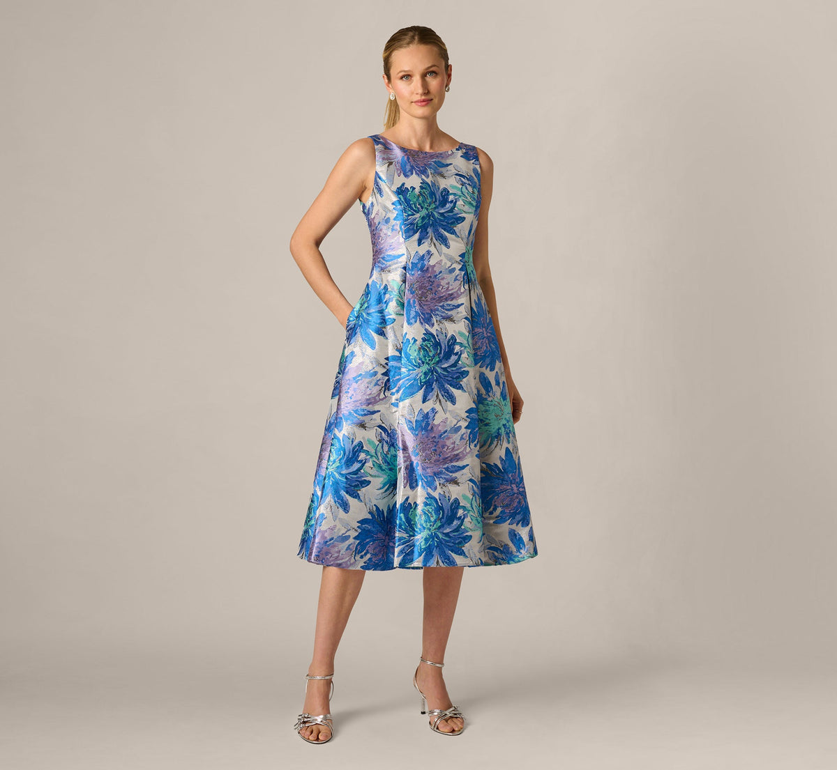 Chrysanthemum Floral Jacquard Fit And Flare Tea Length Dress - Blue Multi | Adrianna Papell