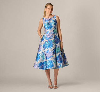 Chrysanthemum Floral Jacquard Fit And Flare Tea Length Dress - Blue Multi | Adrianna Papell