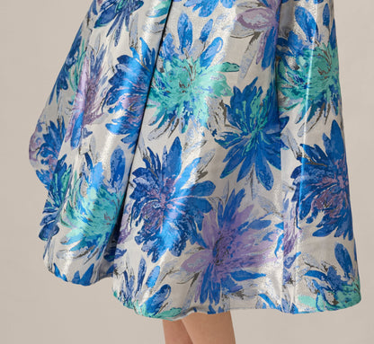 Chrysanthemum Floral Jacquard Fit And Flare Tea Length Dress - Blue Multi | Adrianna Papell