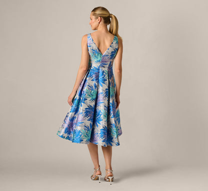Chrysanthemum Floral Jacquard Fit And Flare Tea Length Dress - Blue Multi | Adrianna Papell