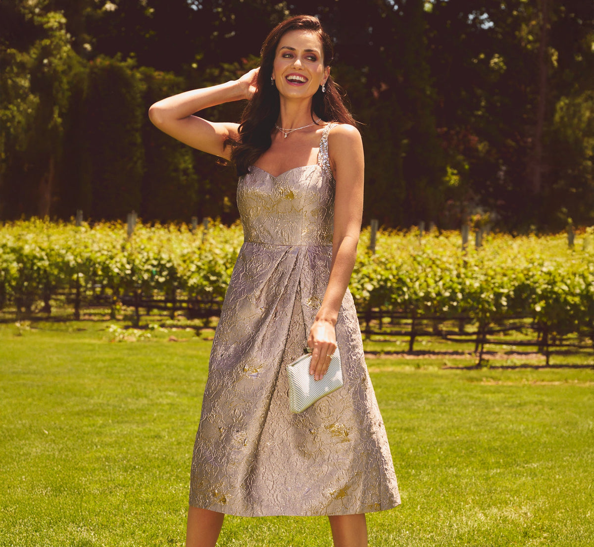 Metallic Jacquard Rhinestone Strap Midi Dress - Candied Ginger | Adrianna Papell