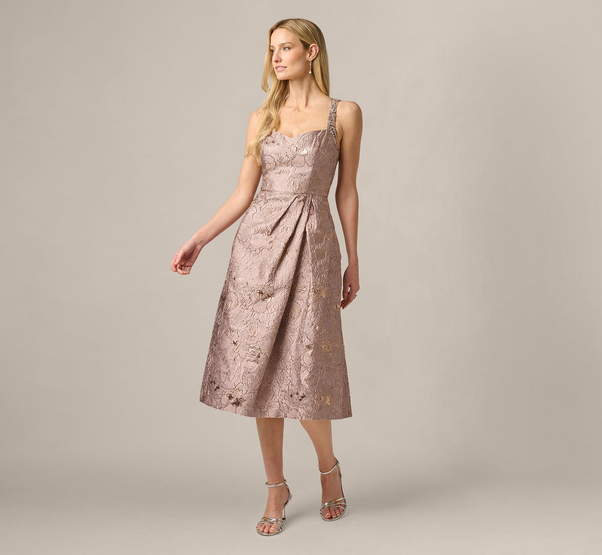 Metallic Jacquard Rhinestone Strap Midi Dress - Candied Ginger | Adrianna Papell