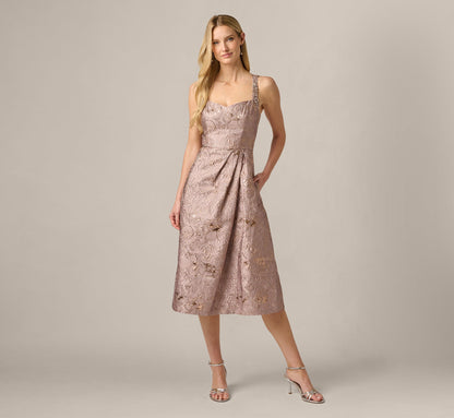 Metallic Jacquard Rhinestone Strap Midi Dress - Candied Ginger | Adrianna Papell
