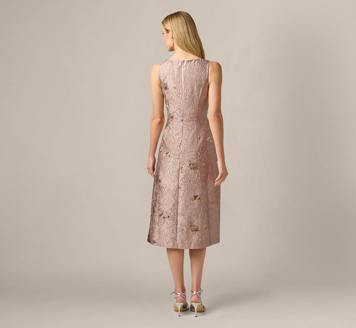 Metallic Jacquard Rhinestone Strap Midi Dress - Candied Ginger | Adrianna Papell
