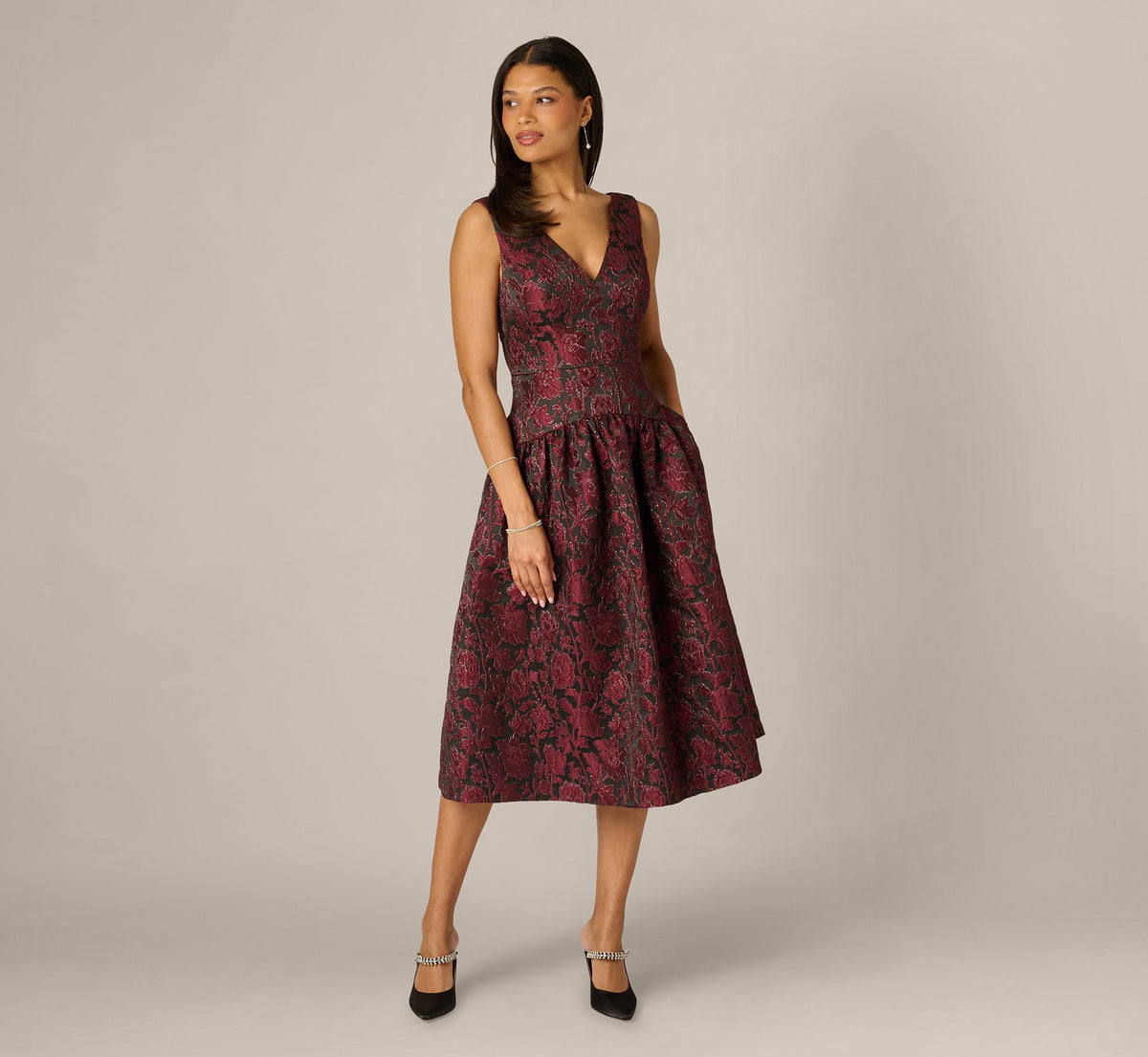Drop Waist Floral Jacquard Midi Dress - Burgundy | Adrianna Papell