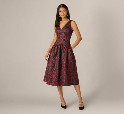 Drop Waist Floral Jacquard Midi Dress - Burgundy | Adrianna Papell
