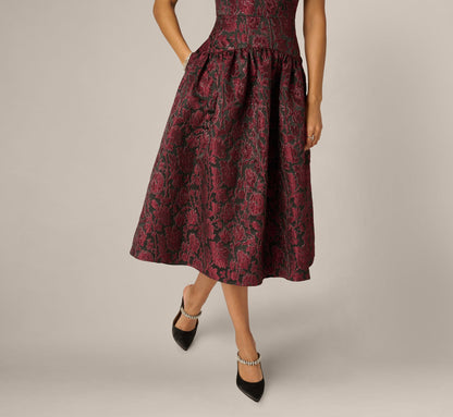 Drop Waist Floral Jacquard Midi Dress - Burgundy | Adrianna Papell