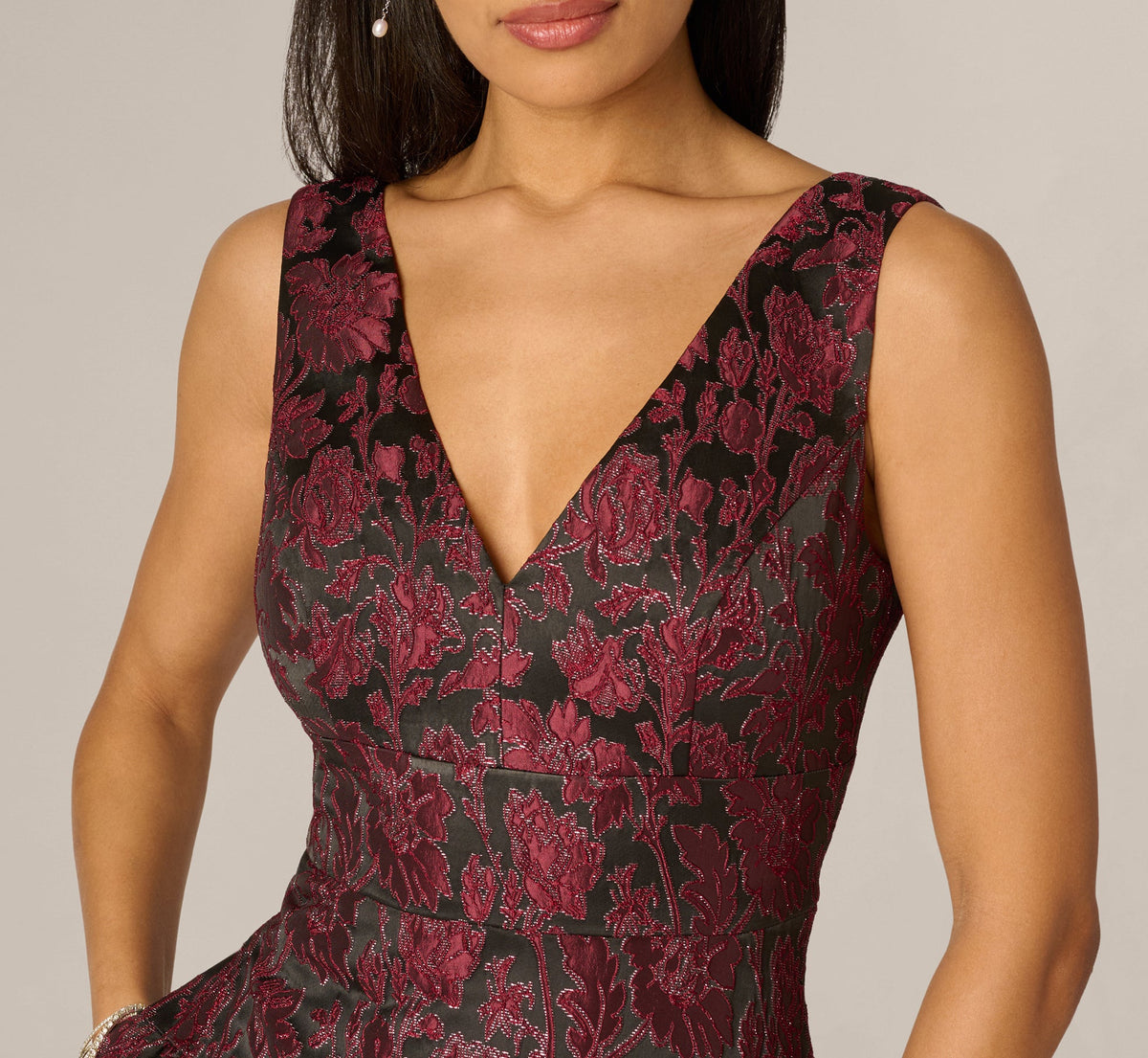 Drop Waist Floral Jacquard Midi Dress - Burgundy | Adrianna Papell