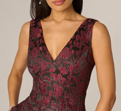 Drop Waist Floral Jacquard Midi Dress - Burgundy | Adrianna Papell