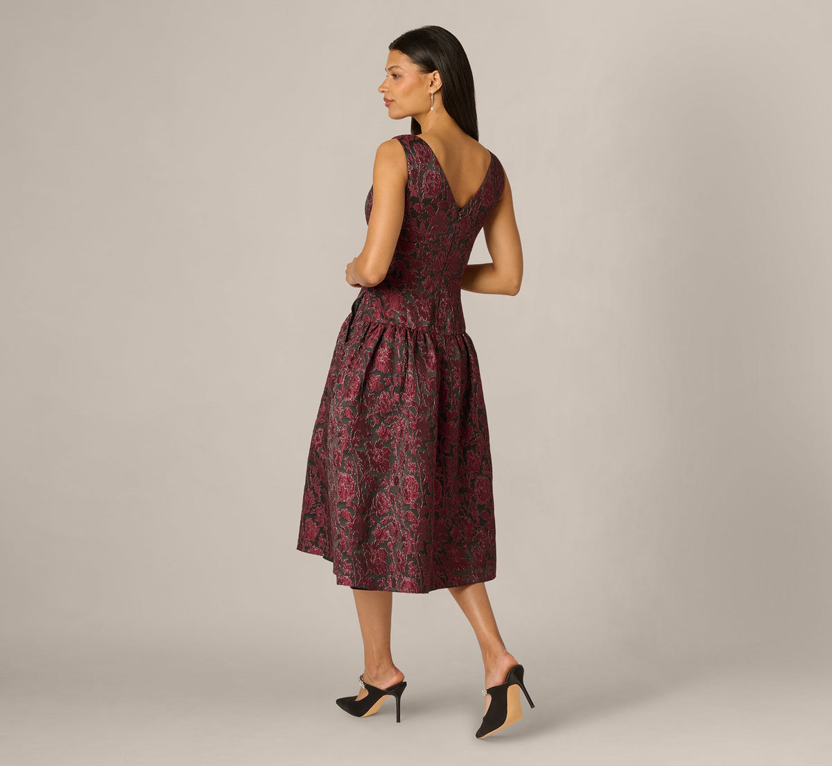 Drop Waist Floral Jacquard Midi Dress - Burgundy | Adrianna Papell