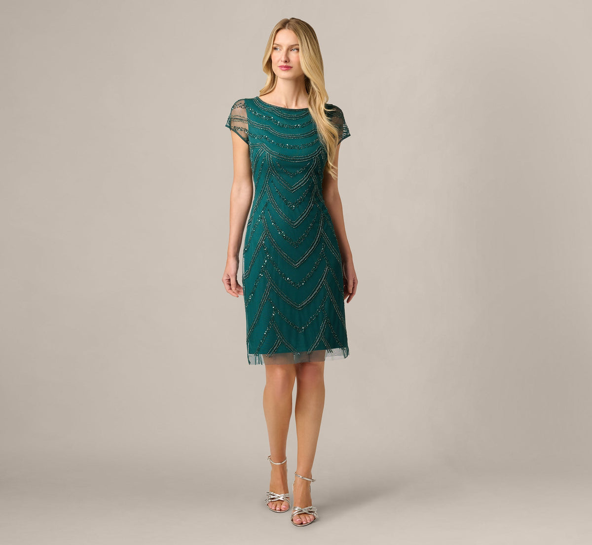 Deco Beaded Cocktail Dress With Sheer Cap Sleeves - Gem Green | Adrianna Papell