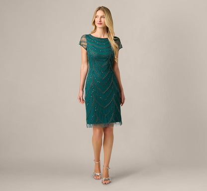 Deco Beaded Cocktail Dress With Sheer Cap Sleeves - Gem Green | Adrianna Papell