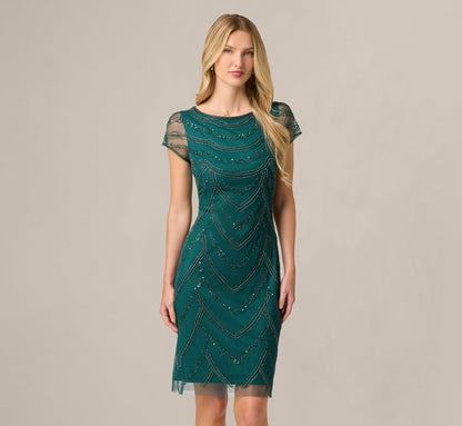 Deco Beaded Cocktail Dress With Sheer Cap Sleeves - Gem Green | Adrianna Papell