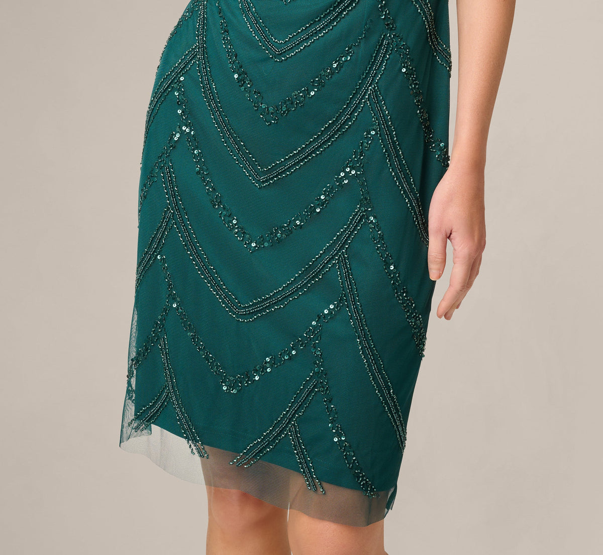 Deco Beaded Cocktail Dress With Sheer Cap Sleeves - Gem Green | Adrianna Papell