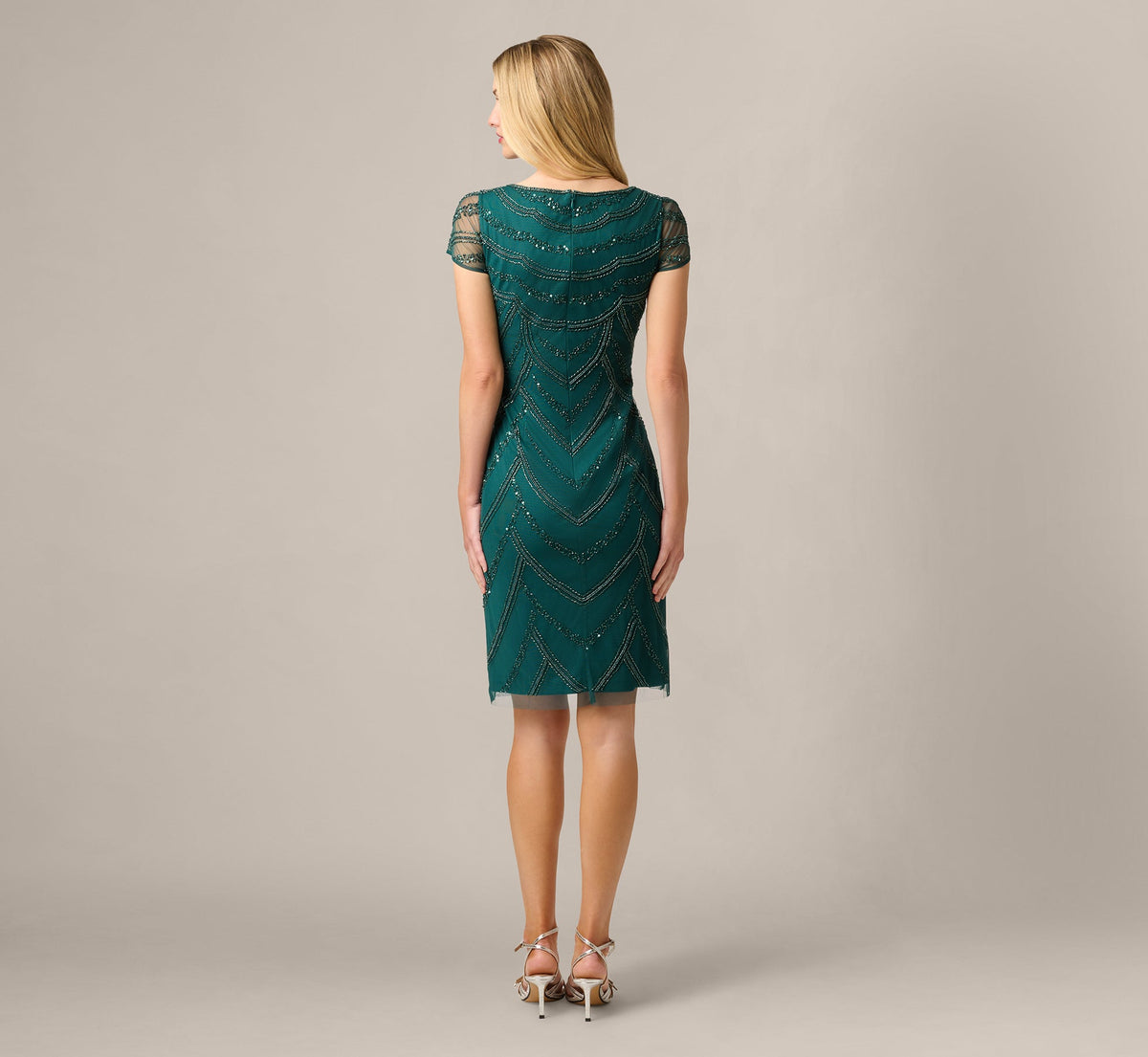 Deco Beaded Cocktail Dress With Sheer Cap Sleeves - Gem Green | Adrianna Papell