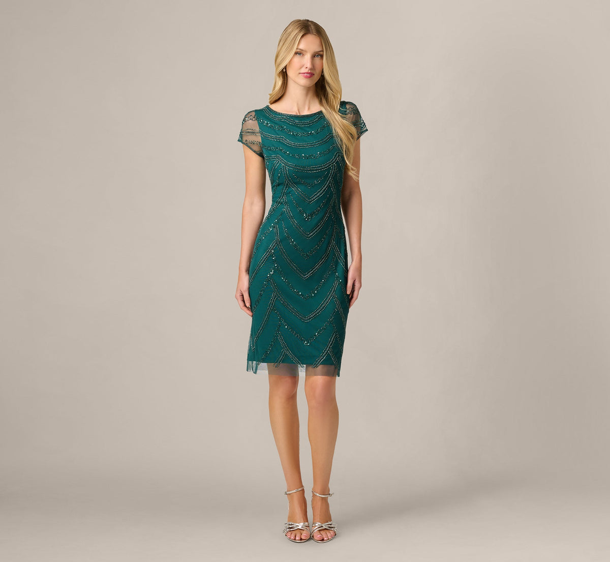Deco Beaded Cocktail Dress With Sheer Cap Sleeves - Gem Green | Adrianna Papell