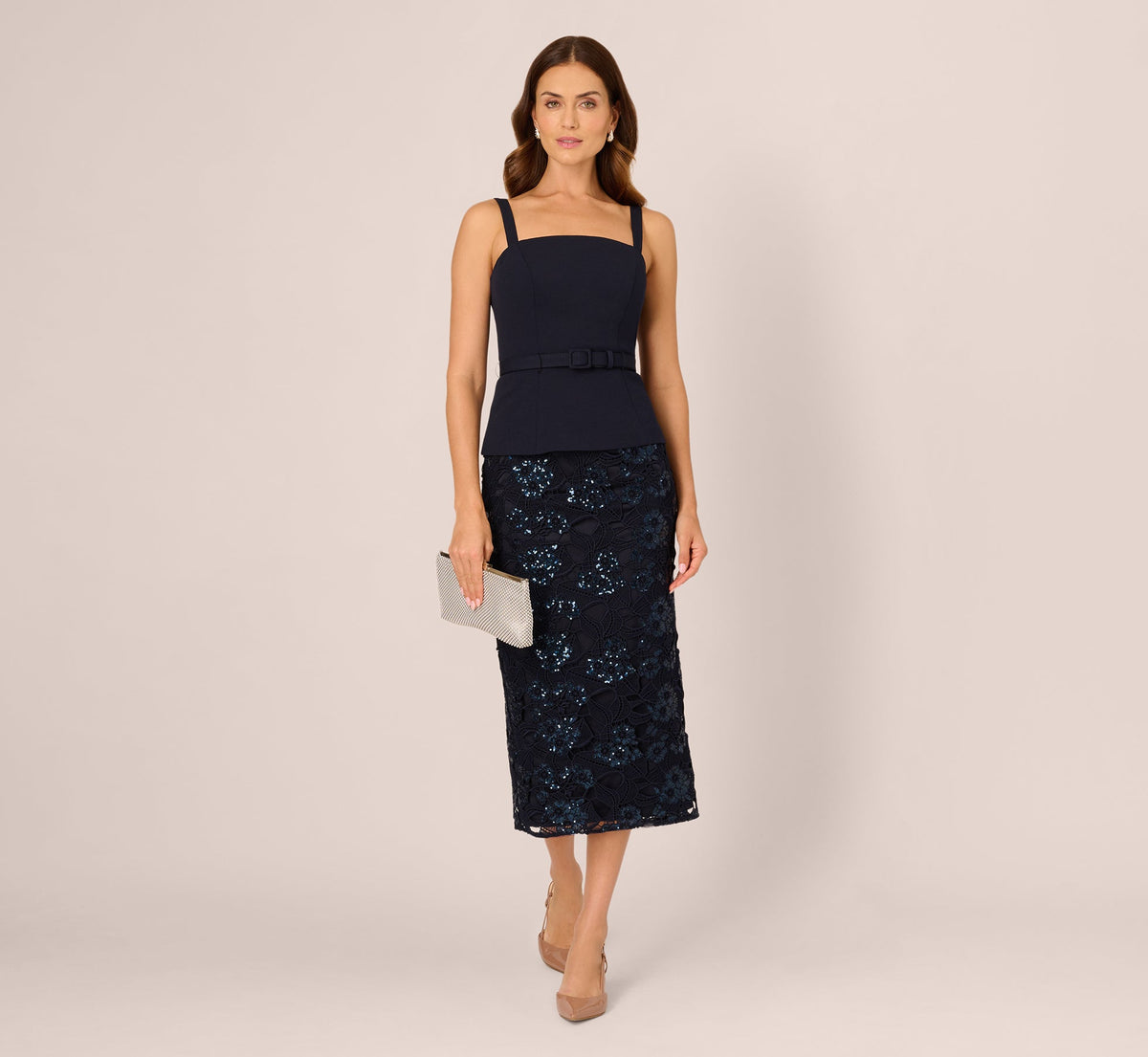 Sleeveless Sequin Lace Combo Midi Dress - Midnight | Adrianna Papell