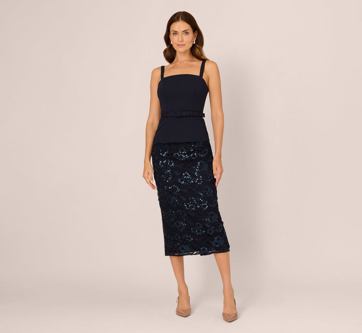 Sleeveless Sequin Lace Combo Midi Dress - Midnight | Adrianna Papell