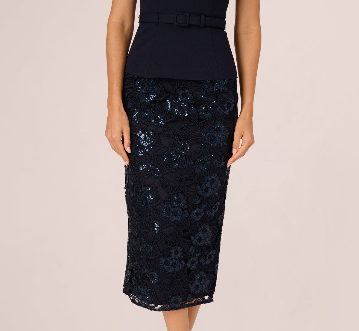 Sleeveless Sequin Lace Combo Midi Dress - Midnight | Adrianna Papell