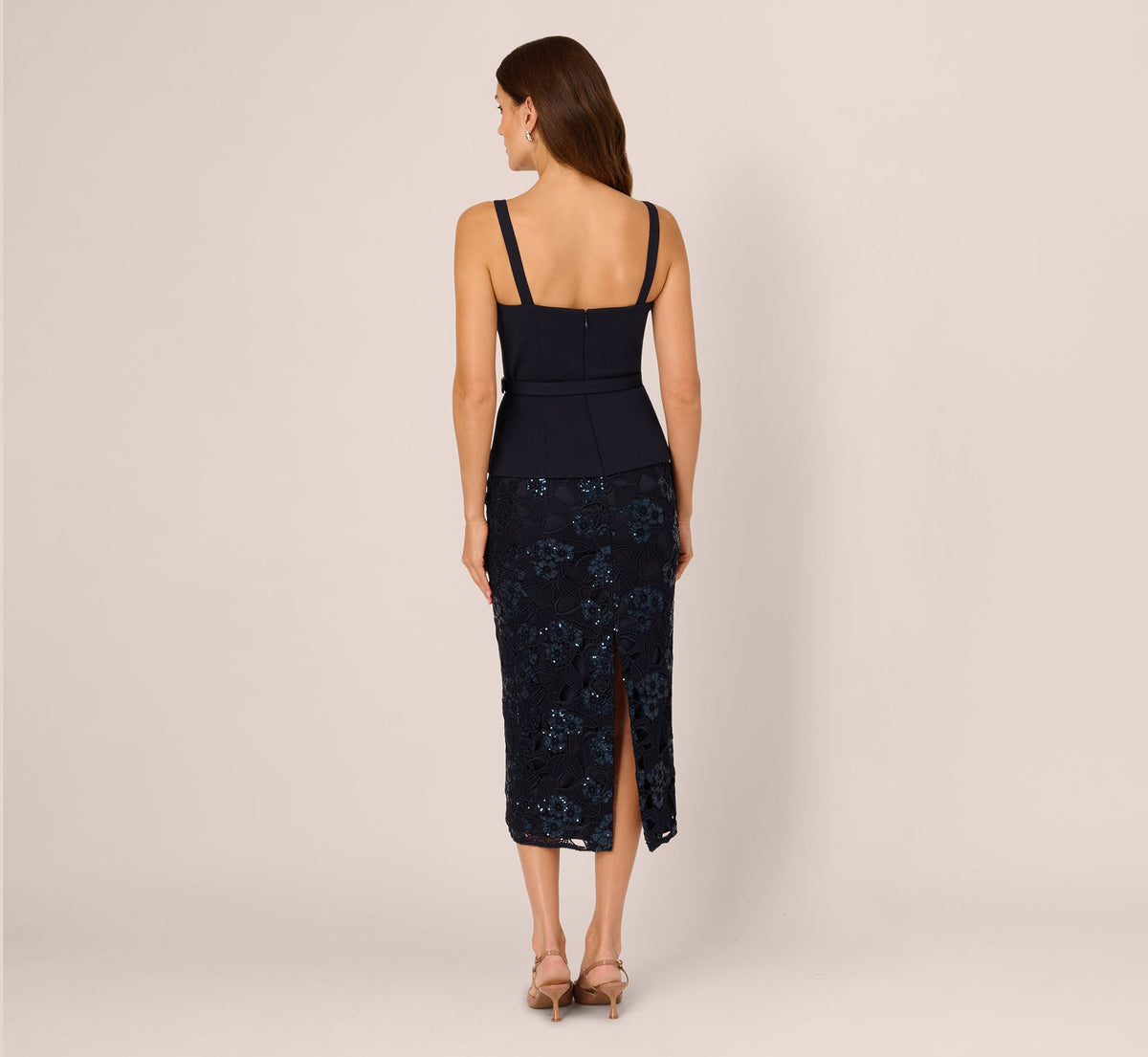 Sleeveless Sequin Lace Combo Midi Dress - Midnight | Adrianna Papell