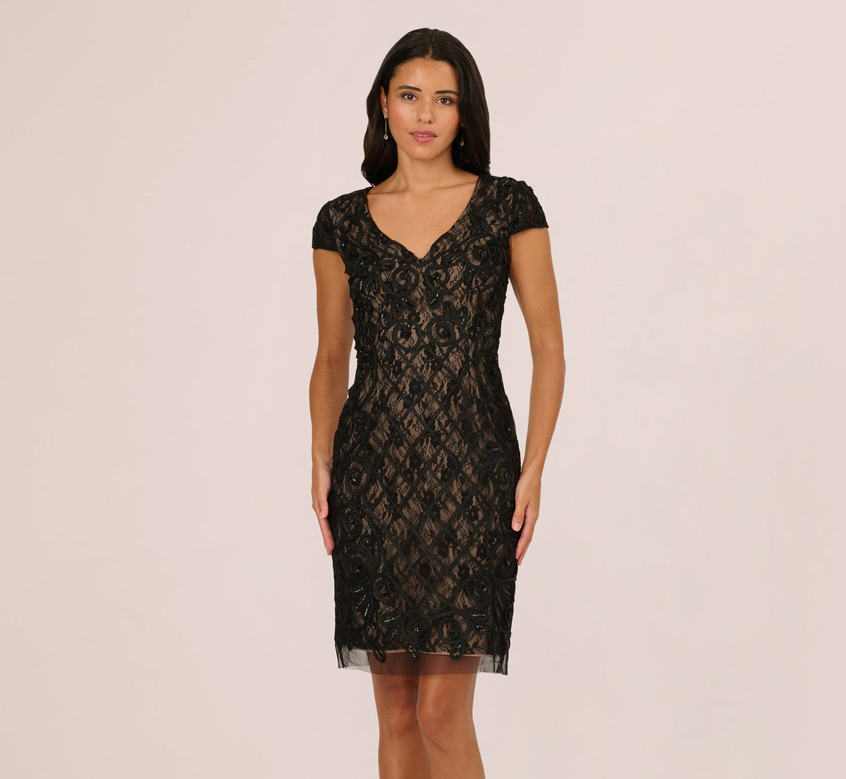 Cap Sleeve Soutache Lace Beaded Midi Dress - Black Nude | Adrianna Papell