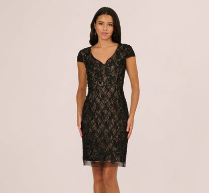 Cap Sleeve Soutache Lace Beaded Midi Dress - Black Nude | Adrianna Papell
