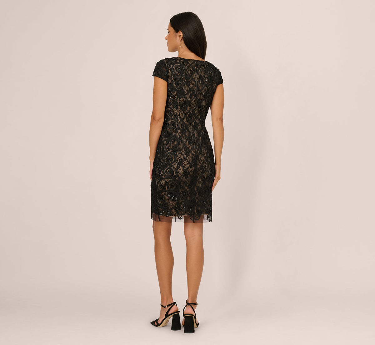 Cap Sleeve Soutache Lace Beaded Midi Dress - Black Nude | Adrianna Papell
