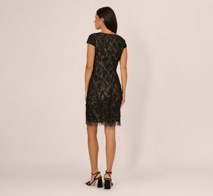 Cap Sleeve Soutache Lace Beaded Midi Dress - Black Nude | Adrianna Papell