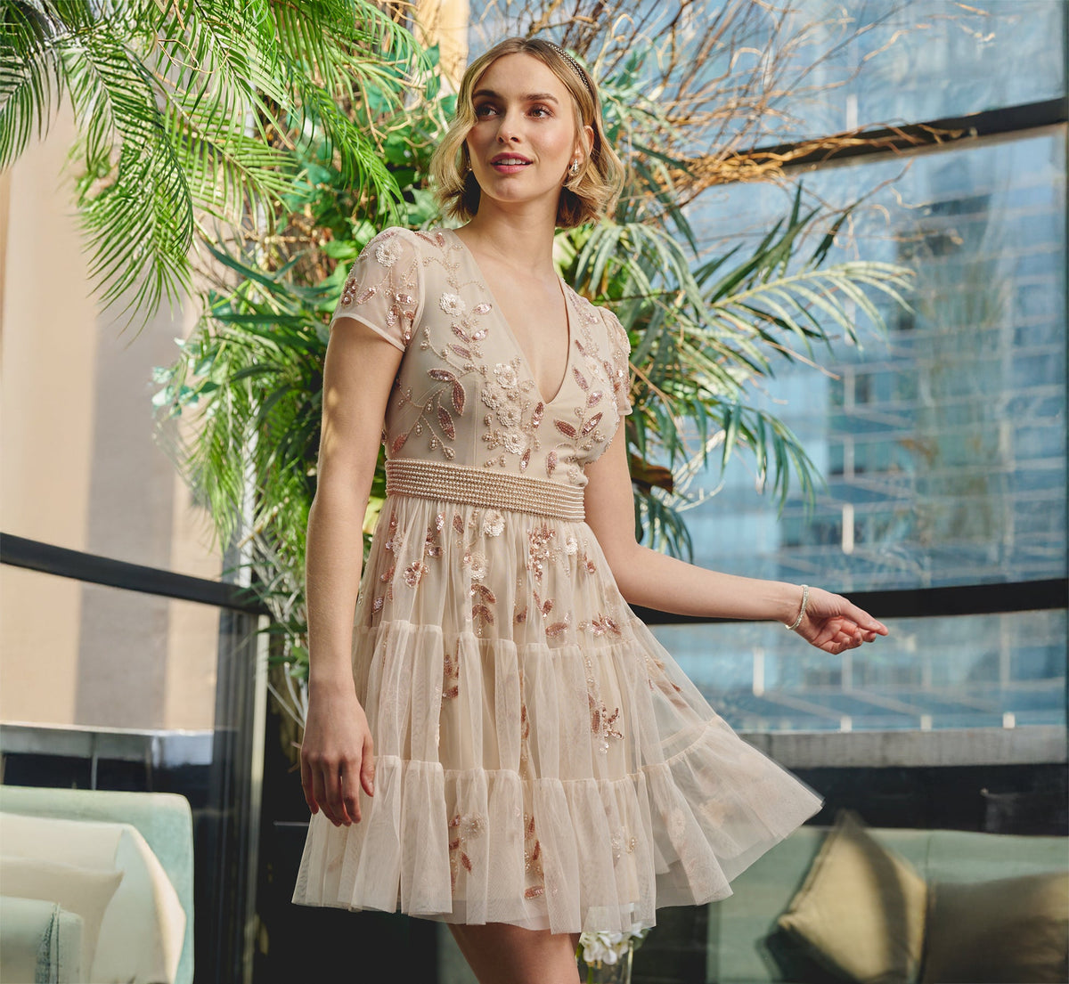 Cap Sleeve Pearly Sequin Cocktail Dress - Pale Pink | Adrianna Papell