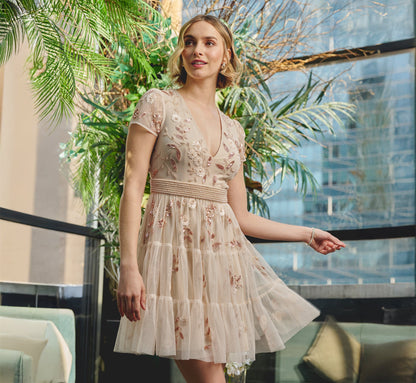 Cap Sleeve Pearly Sequin Cocktail Dress - Pale Pink | Adrianna Papell