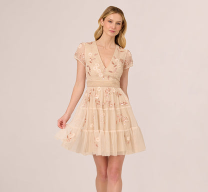 Cap Sleeve Pearly Sequin Cocktail Dress - Pale Pink | Adrianna Papell