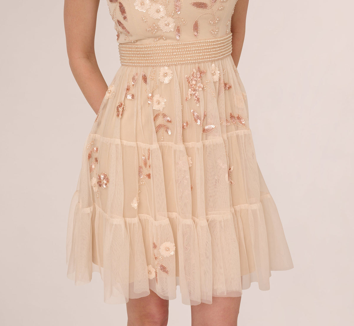 Cap Sleeve Pearly Sequin Cocktail Dress - Pale Pink | Adrianna Papell