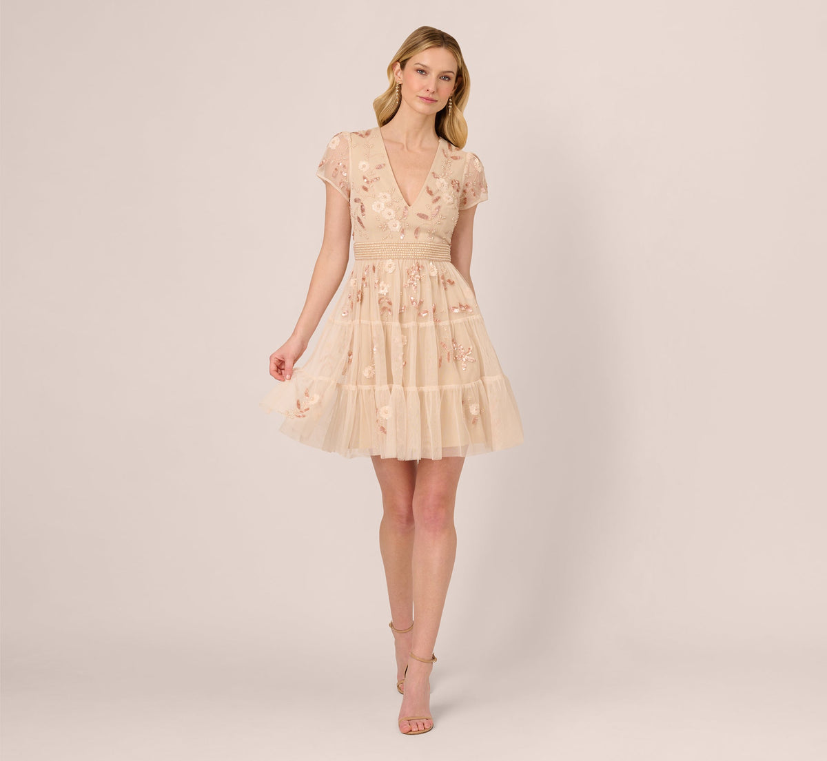 Cap Sleeve Pearly Sequin Cocktail Dress - Pale Pink | Adrianna Papell
