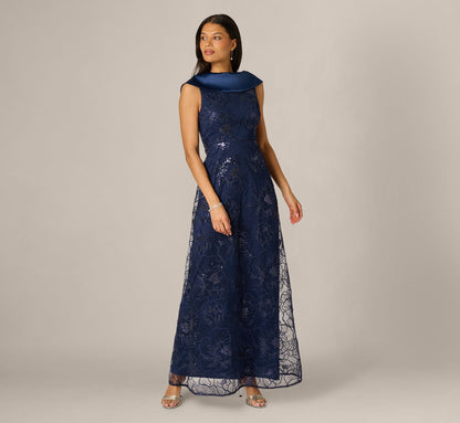 Floral Embroidered Satin Roll Collar Gown - Midnight | Adrianna Papell