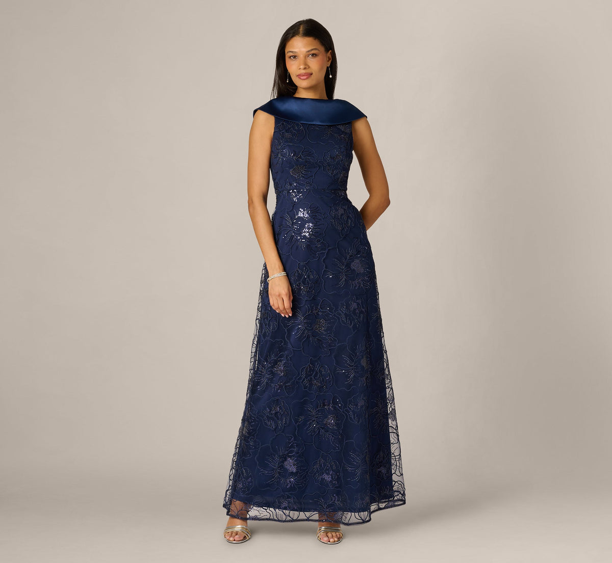 Floral Embroidered Satin Roll Collar Gown - Midnight | Adrianna Papell