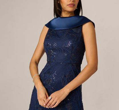 Floral Embroidered Satin Roll Collar Gown - Midnight | Adrianna Papell