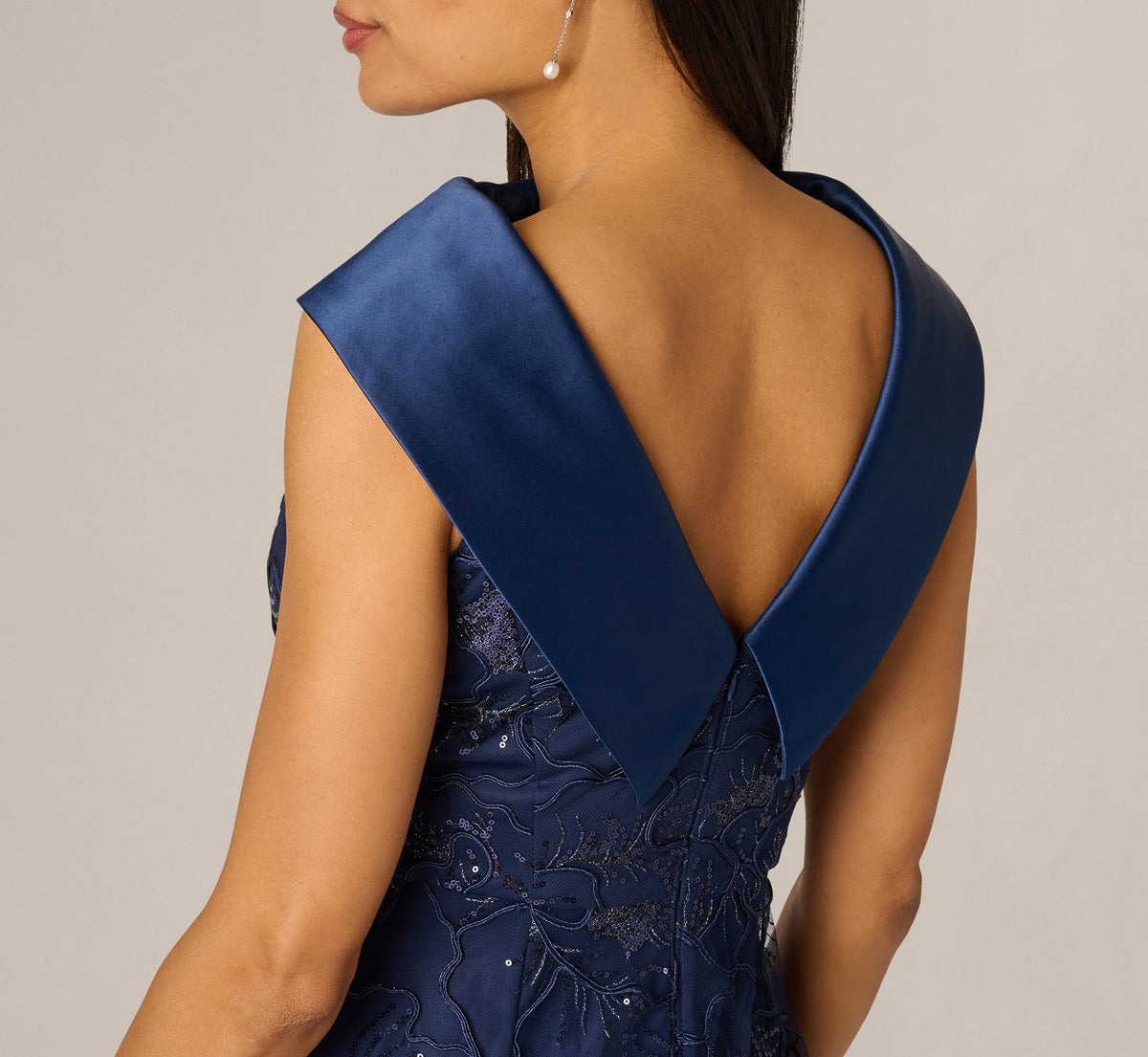 Floral Embroidered Satin Roll Collar Gown - Midnight | Adrianna Papell