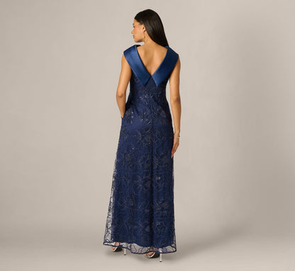 Floral Embroidered Satin Roll Collar Gown - Midnight | Adrianna Papell
